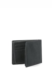 Schwarze Lederbörse mit strukturierter Oberfläche, die mehrere Kartenfächer und ein klappbares Design bietet. Nahtdetails sind vorhanden.