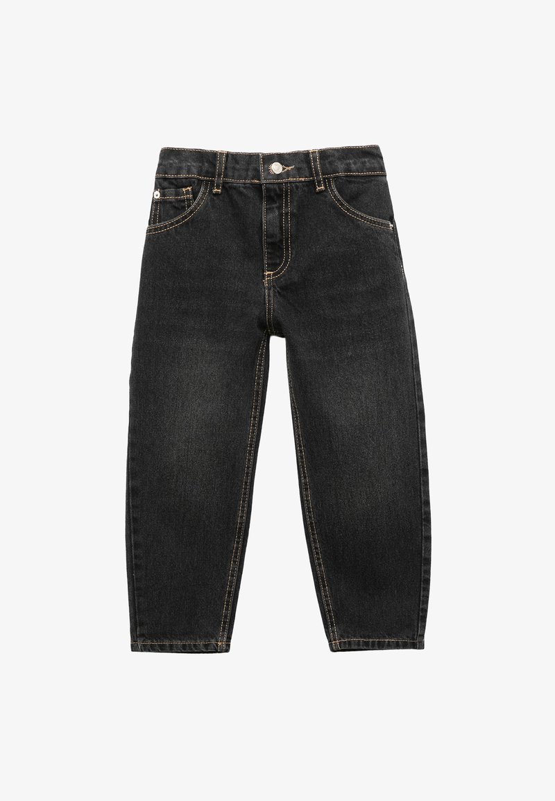 Jeans in denim nero con una vestibilità ampia, caratterizzati da cuciture gialle, cinque tasche e una chiusura con bottone frontale. Il tessuto ha una texture sottile.