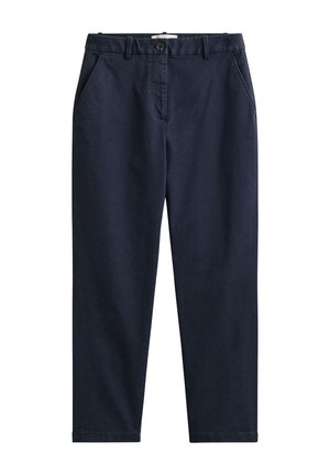 Marineblaue Hose mit geradem Bein, Gürtelschlaufen, Seitentaschen, Knopfverschluss und Reißverschluss, flach auf weißem Hintergrund dargestellt.