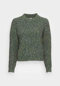 Groen gebreide trui met een stijlvolle afwerking, een ronde halslijn en lange mouwen. Het ontwerp is kort en heeft geribbelde manchetten aan de mouwen.