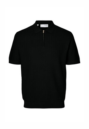 Schwarzes Polohemd mit kurzen Ärmeln, aus einem gerippten Material, mit Kragen und Reißverschluss. Es hat ein figurbetontes Design und eine klare Silhouette.