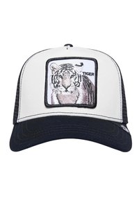 White cap with a navy brim, featuring an embroidered tiger graphic in a square patch. Mesh back panels provide ventilation.