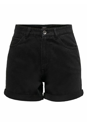Shorts in denim nero con vita alta, dotati di orlo arrotolato, tasche frontali, chiusura con bottone metallico e un tessuto liscio e strutturato.