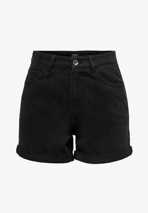 Svart denimshorts med høy midje, med rullekant, frontlommer, metallknappelukking og et glatt, strukturert stoff.