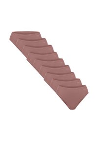 Zeven mauve-kleurige katoenen slipjes voor vrouwen, gerangschikt in een diagonale rij op een witte achtergrond.