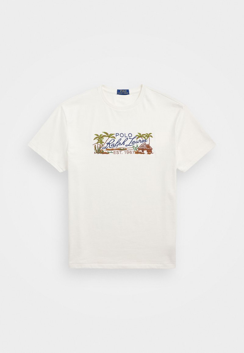 Vit bomull t-shirt med flerfärgad broderad "Polo Ralph Lauren"-logotyp med palmträd och strandgrafik, grundad 1967.