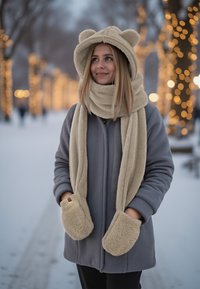 Beige hættetrøje-scarf med bjørneører, blød tekstur, parret med en grå pufferjakke med lommer og høj krave, snefyldt baggrund.