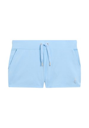 Himmelblaue Shorts aus weichem Material, mit einem elastischen Bund und Kordelzug, zwei seitlichen Taschen und einem kleinen Logodesign in der Ecke.