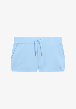 Himmelblaue Shorts aus weichem Material, mit einem elastischen Bund und Kordelzug, zwei seitlichen Taschen und einem kleinen Logodesign in der Ecke.