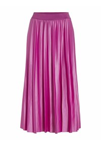 Plisserad kjol i klar rosa satin med resår i midjan. Har vertikala veck som skapar en mjuk, flödande silhuett.