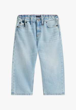 Jasnoniebieskie spodnie dżinsowe dla malucha z elastycznym pasem, zapięciem na guzik i zamek błyskawiczny, pięcioma kieszeniami oraz logo Tommy Hilfiger na przedniej kieszeni.