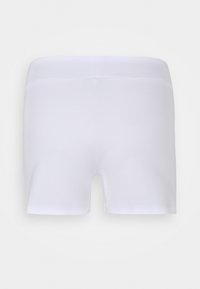 Shorts de fitness blancs unis et extensibles avec une large ceinture, montrés de dos sur un fond neutre.