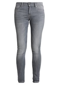 Valkoiset slim-fit farkut harmaassa sävyssä, joissa on hienovarainen haalistuminen, viisi taskua, vyölenkit sekä vetoketju ja napin suljenta.