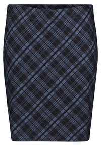 Knälång figursydd kjol i marinblå och ljusblå rutmönster. Tillverkad av en mjuk tyg med horisontella och vertikala linjer som bildar en diamantdesign.