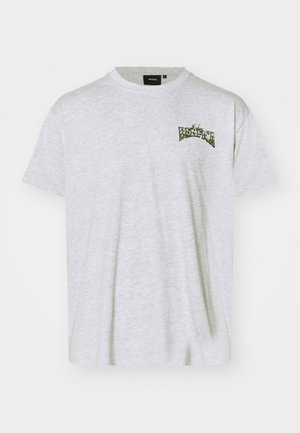 Hellgraues Baumwoll-T-Shirt mit kurzen Ärmeln, das auf der linken Brustseite ein kleines, mehrfarbiges "Benfica"-Grafikdesign zeigt. Klassischer Rundhalsausschnitt.