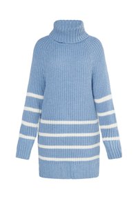 Hellblau gestrickter Pullover mit hohem Rollkragen, der weiße horizontale Streifen aufweist. Das Design beinhaltet gerippte Bündchen und Saum.