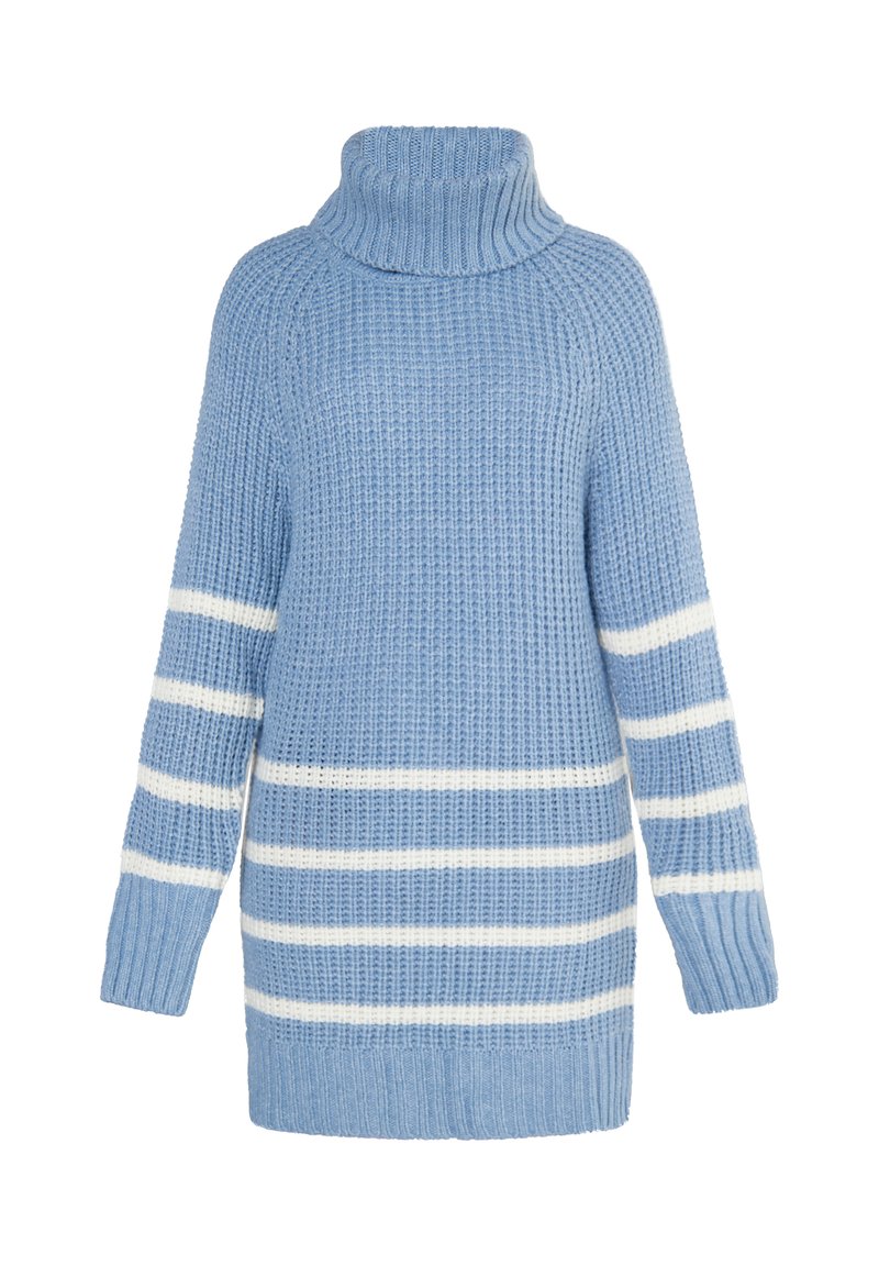Hellblau gestrickter Pullover mit hohem Rollkragen, der weiße horizontale Streifen aufweist. Das Design beinhaltet gerippte Bündchen und Saum.