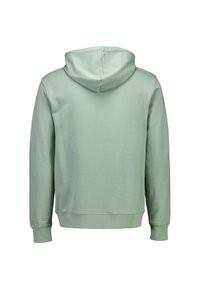 Felpa con cappuccio verde menta con coulisse, maniche lunghe e polsini a coste. Texture liscia e design minimalista, senza loghi o fantasie visibili.