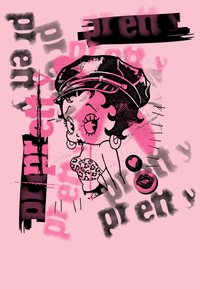 Ilustrace karikatury postavy s černým kloboukem, leopardím topem a zmrzlinou, umístěná na růžovém pozadí s černými textovými prvky.