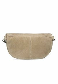 Borsa a mano in suede beige con forma arrotondata, caratterizzata da una superficie testurizzata, chiusura con zip superiore e un attacco per una singola tracolla metallica.