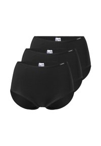 Black cotton high-waist briefs, featuring a smooth texture, elastic waistband, and a label at the front, sold in a pack of three.
