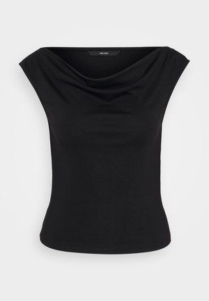 Top nero senza maniche con scollatura a barca ampia e leggero dettaglio drappeggiato, con vita aderente, esposto su uno sfondo bianco semplice.