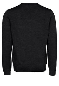 Schwarzer Pullover aus strukturiertem Strickstoff, mit langen Ärmeln, Rundhalsausschnitt und gerippten Bündchen und Saum, Rückansicht gezeigt.