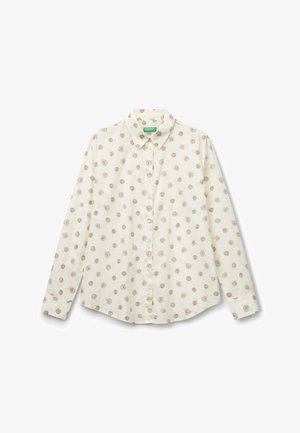 Camicia bianca a maniche lunghe con bottoni, decorata con piccoli motivi floreali in verde oliva e rosa chiaro, colletto a punta e polsini con bottoni.