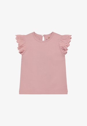 Roze katoenen t-shirt met ruches aan de mouwen, voorzien van eyelet-details, ronde halslijn en knoopsluiting aan de achterkant. Zachte, gladde textuur.