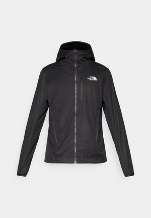 Black waterproof jacket with a hood, zippered front, long sleeves, and logo detail on the left chest. Made from smooth, lightweight fabric.