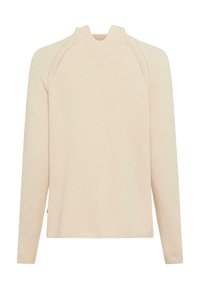 Maglione color crema con collo alto, maniche lunghe e vestibilità dritta. Presenta cuciture raglan e una morbida texture a maglia.