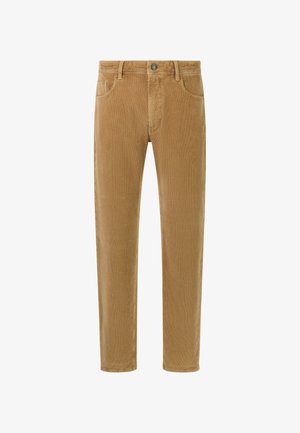 Brązowe spodnie w korduroy o prostym fasonie, z przednimi kieszeniami, zapięciem na guzik i subtelną teksturą prążkowaną.