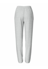 Light grey sweatpants with a soft texture, elastic waistband, and tapered legs; no pockets or additional design elements.