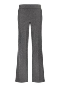 Uitlopende broek in metallic grijze stof met een zachte textuur en een brede tailleband, met een subtiele glans over de gehele stof.
