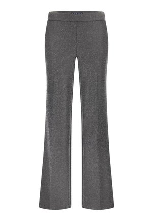 Uitlopende broek in metallic grijze stof met een zachte textuur en een brede tailleband, met een subtiele glans over de gehele stof.