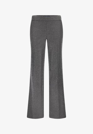 Uitlopende broek in metallic grijze stof met een zachte textuur en een brede tailleband, met een subtiele glans over de gehele stof.