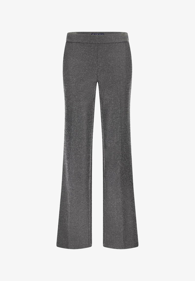Uitlopende broek in metallic grijze stof met een zachte textuur en een brede tailleband, met een subtiele glans over de gehele stof.
