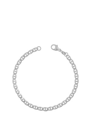 Silbernes Armband mit ineinandergreifenden ovalen Gliedern und einem Karabinerverschluss auf weißem Hintergrund.