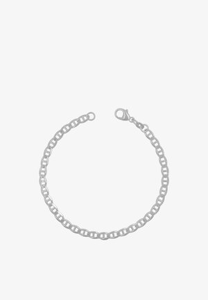 Silbernes Armband mit ineinandergreifenden ovalen Gliedern und einem Karabinerverschluss auf weißem Hintergrund.