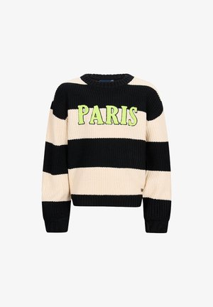 Gestreifter Pullover in Schwarz und Creme mit "PARIS" in neongrüner Schrift, mit einem gerippten Material und rundem Halsausschnitt.