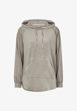 Lichtgrijze hoodie van zacht, textuurstof, met een voorvak, trekkoorden en lange raglanmouwen.