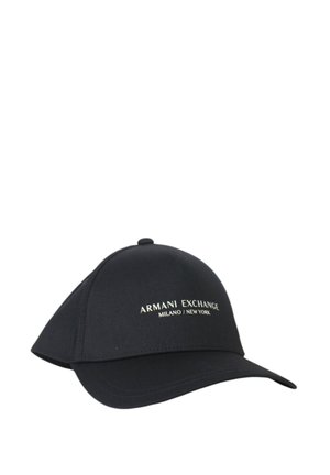 Cappellino da baseball nero in tessuto, con visiera curva. Logo "Armani Exchange Milano/New York" stampato in oro metallico sulla parte frontale.