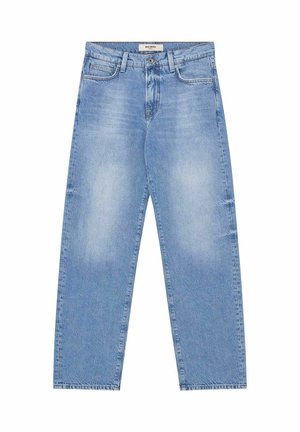 Jeans in denim azzurro chiaro slavato con taglio a gamba dritta, cinque tasche, passanti per cintura e chiusura frontale con bottoni.