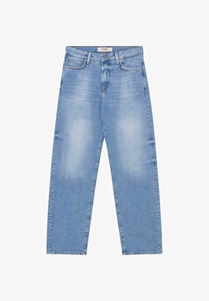 Svetlomodré bledé džínsy z denimu s rovnými nohavicami, piatimi vreckami, pútkami na opasok a zapínaním na gombík vpredu.