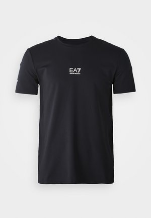 Black short-sleeve T-shirt made of smooth fabric featuring a small white logo on the chest, round neckline, and standard fit.