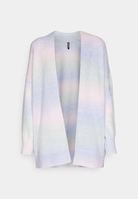 Pastellgrön gradient kofta, lättstickad, öppen frontdesign, avslappnad passform, med subtila övergångar i blått, rosa och vitt samt ribbade muddar.