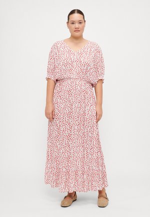 Maxi dress in light fabric, featuring a V-neck, short sleeves, and a red floral pattern on a white background; fitted waist with flared skirt.