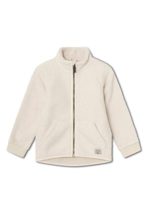 Flødefarvet fleecejakke med hel lynlås foran, høj krave, to håndlommer og ribstrikkede manchetter.