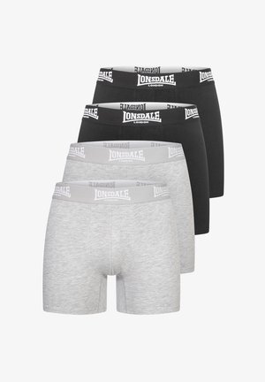 Vier Paare Boxershorts in Schwarz und Grau, aus weichem Material, mit elastischen Taillenbündchen und weißem "LONSDALE LONDON"-Logo.