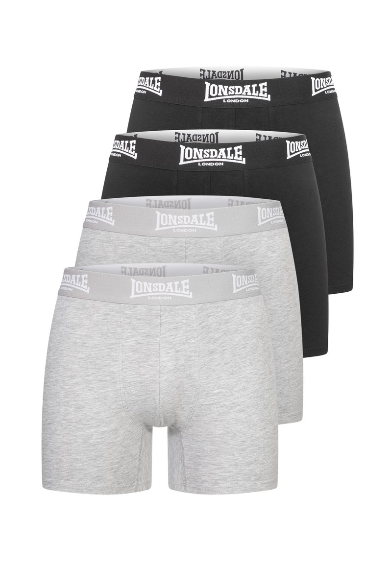 Štyri páry boxeriek v čiernej a sivej farbe, vyrobené z mäkkého materiálu, s elastickým pásom s bielym logom "LONSDALE LONDON".